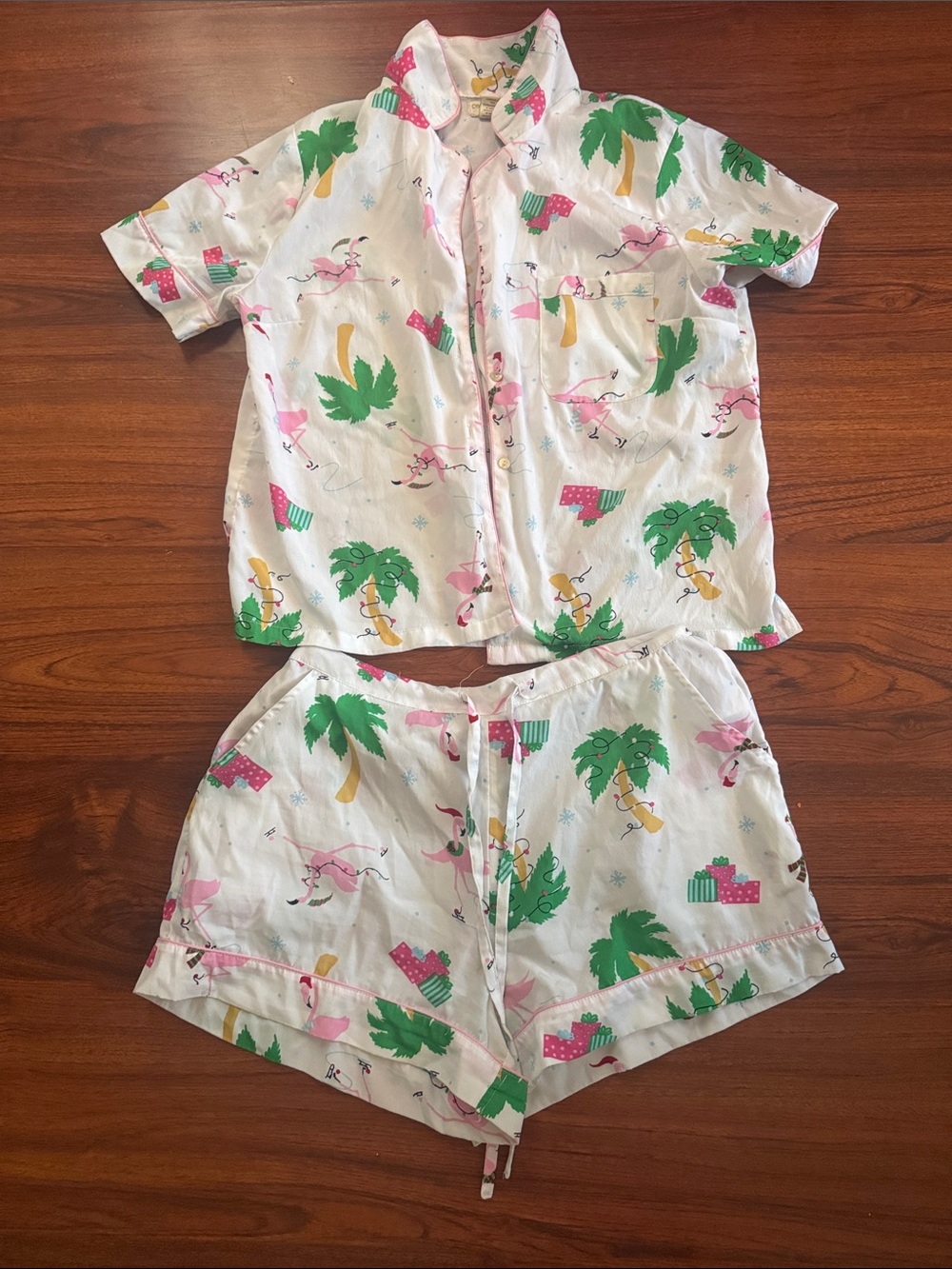 White Tropical Print Pajama Set - Pink & Green